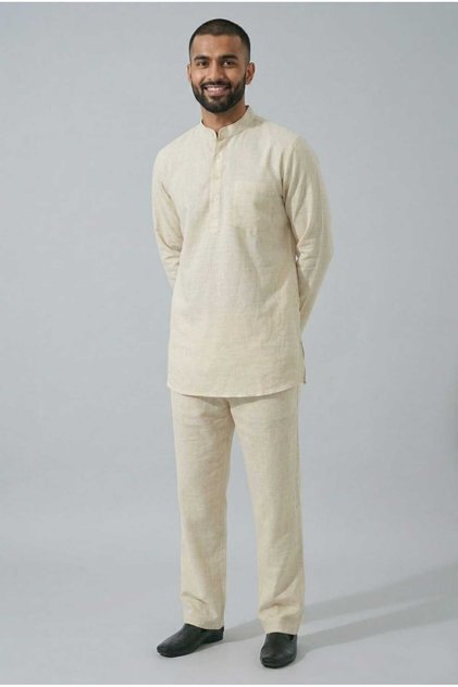 Ecru Wide Fit 100% Cotton Muslin Men's Hajj and Umrah Set - Elegant Collar, Long Sleeves, Anti-Sweat, Comfortable