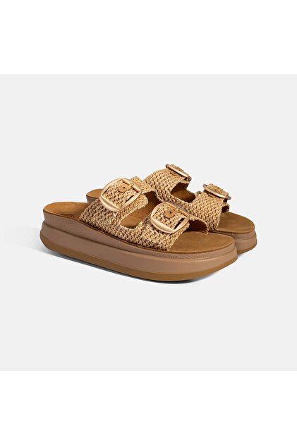 Women's Beige Adjustable Buckle Wedge Heeled Straw Slippers