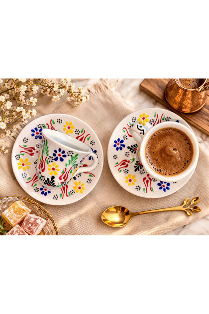 Handmade Chinese Ceramic Turkish Coffee Cup Set - with Dowry Plate / White