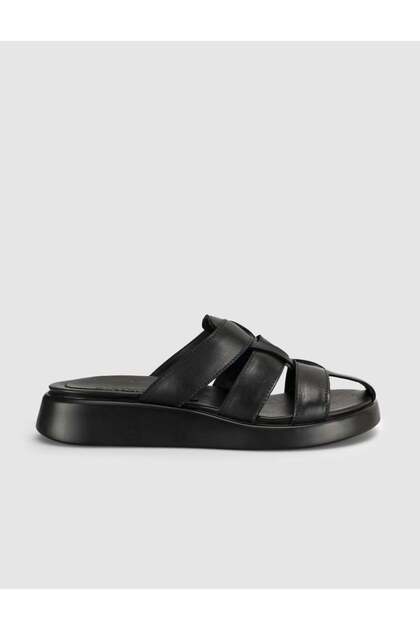 Black Genuine Leather Women's Platform Sole Slippers