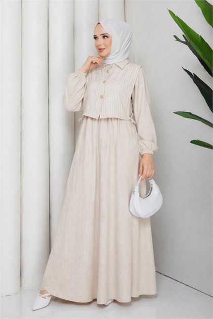 Women's Beige Shirt Detailed Maxi Length Striped Hijab Dress Nbft011