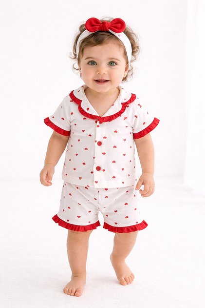 100% Cotton Short Sleeve Summer Baby Girl Pajama Set with Headband and Shorts