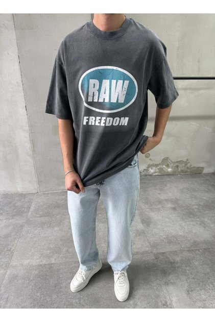 Raw Print Washed Gray Oversize T-Shirt