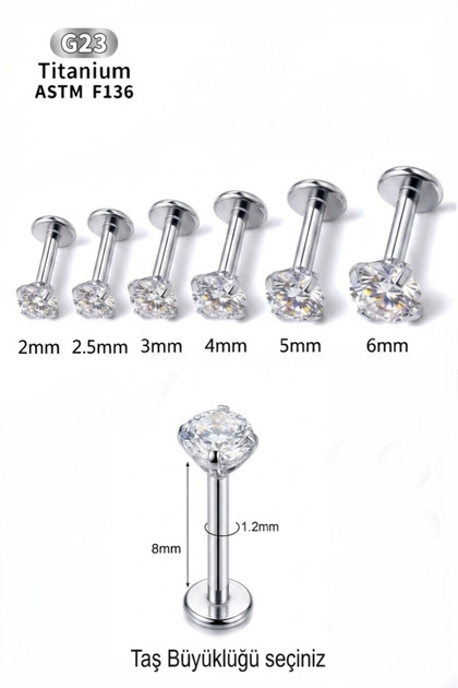 Titanyum Zirkon Taşlı Piercing,8 mm Bar uzunluğu,Tragus,Helix,Kulak,Kıkırdak,Flat,Conch,Dudak,Burun
