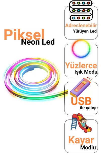 Piksel Neon Led Set RGB App Kontrollü Kumandalı Bluetooth USB 5V 5 Metre Dış Mekan