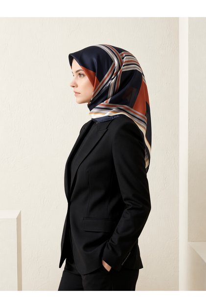 Geometrik Bloklu ve Çizgili Soft Pamuk Eşarp - Modern Tarz