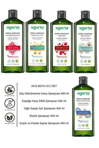 Agarta Aile Boyu Şampuan Seti 5'li 400 ml Keratin Vegan Doğal