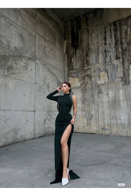 Women's Khaki Green One-Shoulder Glitter Fabric Stone Detailed Gathering Draped Slit Maxi Evening Dress