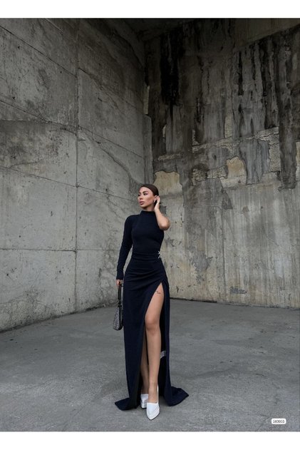 Women's Black One-Shoulder Glitter Fabric Stone Detailed Gathering Draped Slit Maxi Evening Dress