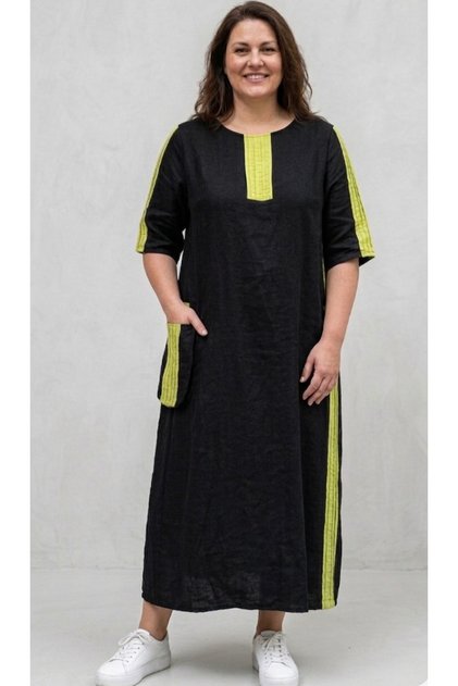 Black Long Women's Dress with Pocket and Stripe Details