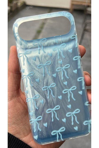 iPhone 17 Air Compatible - Furry Bow and Heart Cover with Transparent Sides and Shiny Back Case — Color: