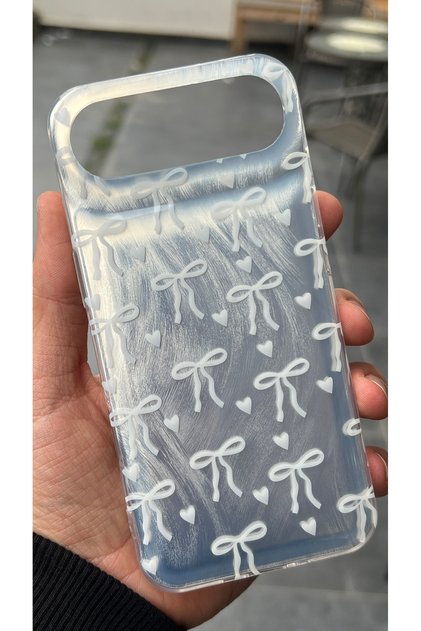 iPhone 17 Air Compatible - Furry Bow and Heart Cover with Transparent Sides and Shiny Back Case — Color: