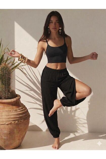 Kadın Siyah Viskon Yandan Yırtmaçlı Dökümlü Dansçı Bohem Ventana Şalvar Pantalon