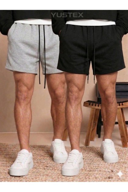 2-Pack Men's (Black-Grey) Basic Summer Shorts Set - Comfortable Fit Above the Knee, 2-Pack Economical Package