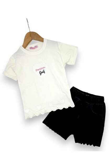 Dar Kalip! Girl's Summer Denim Shorts with Heart Print, Stylish 2-Piece Top and Bottom Set for Ages 3-4-5-6-7-8-9-10