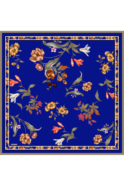 Iris Pattern Twill Silk Scarf - Cobalt blue