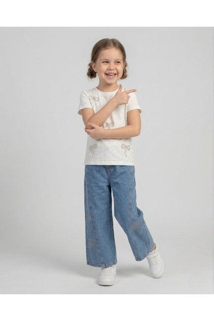 Girl's Summer Bow Embroidered Stylish Top and Wide-Leg Jeans for Ages 5-6-7-8-9-10, Holiday Outfit