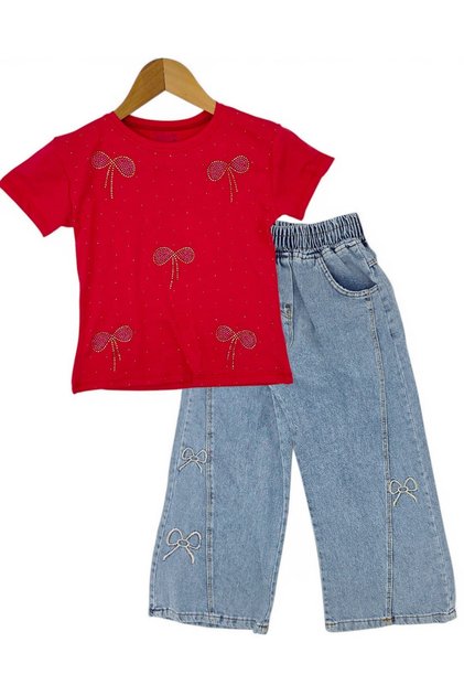 Girl's Summer Bow Embroidered 2-Piece Set for Holidays, Wide-Leg Jeans for Ages 5-6-7-8-9-10