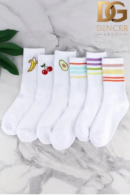 Dincer Group Kadın 6 Çift Premium Kalite Renkli Çizgili ve Meyve Desenli Uzun Kolej Çorap