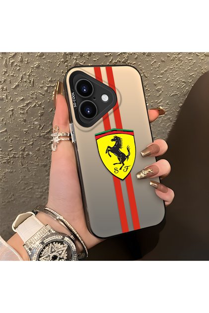 iPhone 16 Plus Compatible Silicone Edge Hard Back Anti-Fall Phone Case with Ferrari Pattern