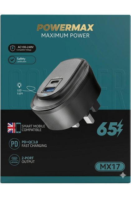 محول طاقة 65 واط MX17 | منفذ USB-C (PD) + USB-A (QC3.0) مزدوج، متوافق مع الأجهزة الذكية العالمية