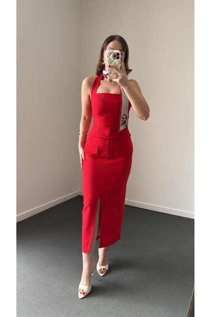 Latife Halter Yaka Bluz Ve Kalem Etek Takımı