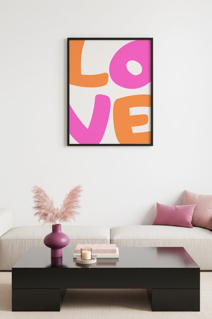 Black Wooden Framed Pop Art Love Painting - Pink Orange Text | Huhu2211 - Single Table Black Frame