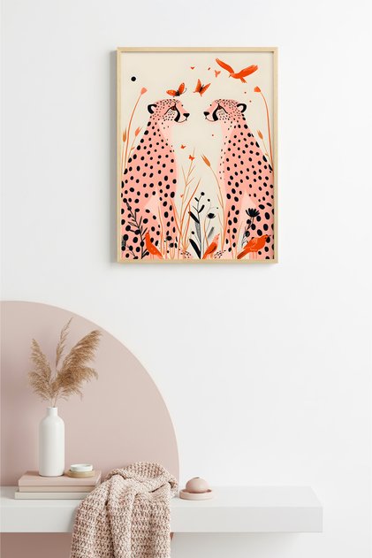 Natural Wood Framed Retro Leopard Painting - Safari Animals Portrait | Huhu2534 - Single Table Natural Wood Frame