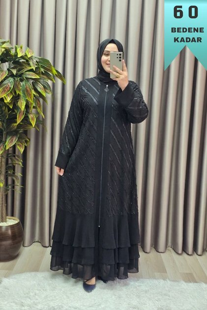 Kadın Giyim Büyük Beden Etek Ucu Üç Katlı Şifon Selin Abaya