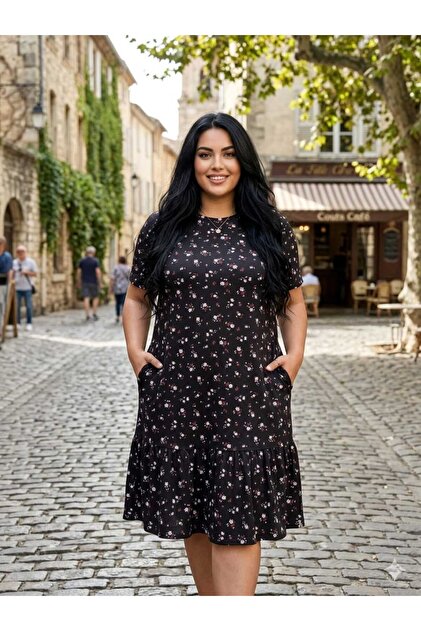 Asel Women's Plus Size Skirt with Ruffle Pockets Lycra Combed Cotton  Viscose Dress- Trendyol