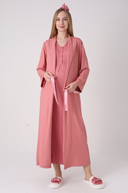 Jacquard Patterned Maternity Nightgown Set - Maternity Set with Vertical Lace Stripes and Nursing Buttons