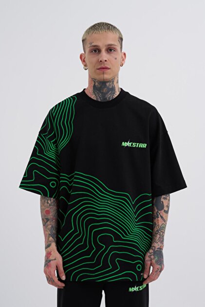 Machinist Erkek Striped Macstrar Oversize Tişört Siyah-Erik Yeşil
