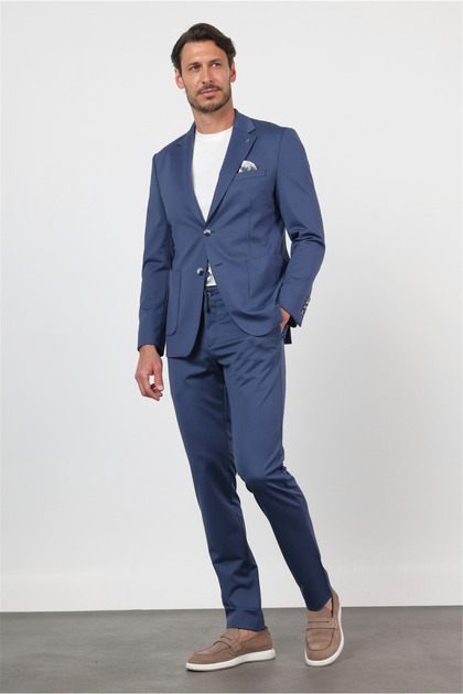 Erkek Koyu Lacivert Dokulu Mono Yaka 6 Drop Slim Fit Takım Elbise 1001260165