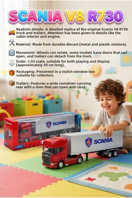 Welly 1:32 Scale Licensed Original Scania V8 R370 Dorseli Collectible Model Toy Truck