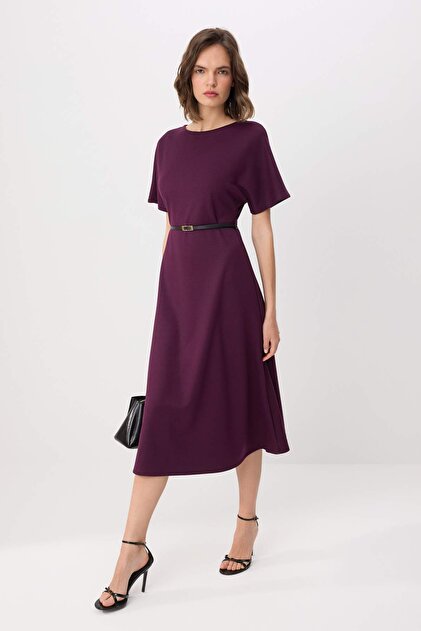 Trendyol Collection Mrdm A-Line / Bell-Shaped Boat Neck Short Sleeve Belt  Pack Midi Interlock Knitted Dress Twoss26El00107- Trendyol