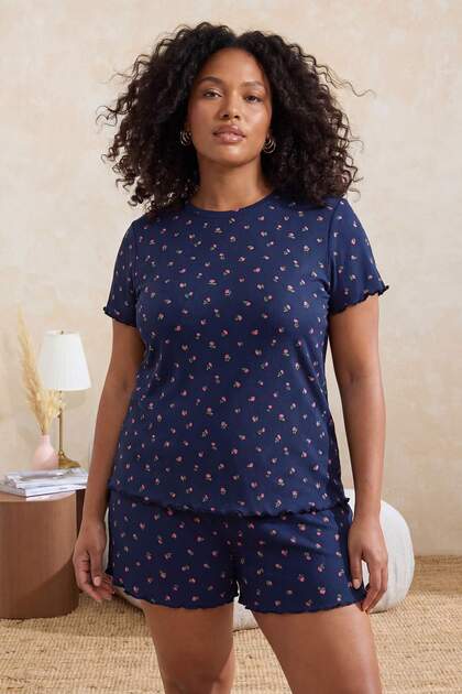 Lacivert Çıtır Çiçekli Pointel Örme Büyük Beden Pijama Takımı TBBSS26AI00043