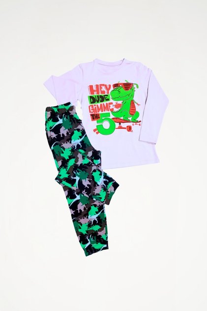 Set pijama cu pantaloni cu mânecă lungă de dinozaur