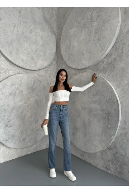 Yüksek Bel Mom Paça Kesik Jeans