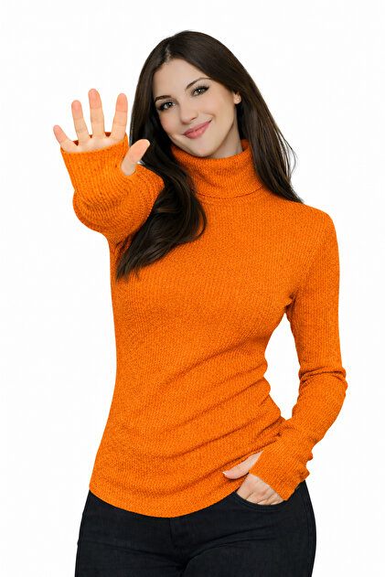 Orange Turtleneck Body Sweater with Finger Detail