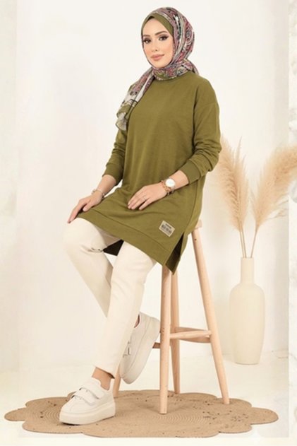 Embroidered Slit Detail Tunic 1665 - Olive Green