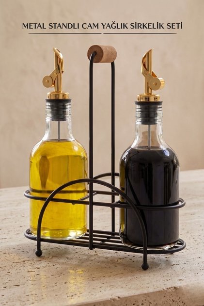 3'lü Set Metal Stantlı Damlatmaz Başlıklı Cam Yağlık Sirkelik Sosluk Takımı | Yağlık | Sirkelik | Sosluk | 250 ML