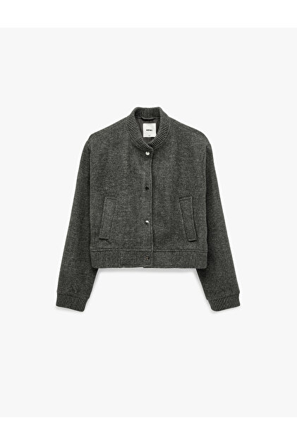 Long Sleeve College Collar Pocketed Crop Bomber Jacket with Snap Closure Detail