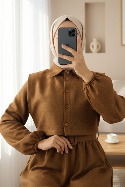 üstü Gömlek Detaylı Kolu Ve Beli Lastikli Elbise -taba