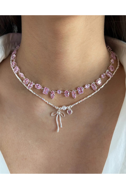 Çelik Silver Pembe Baget Taşlı Choker