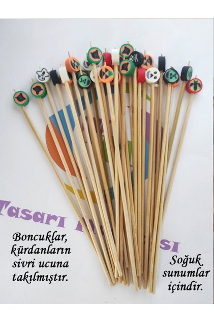 15 Cm Uzun Kürdan - 30 Adet Dekoratif Cadılar Bayramı Boncuklu Kokteyl Karıştırıcı Karışık Model