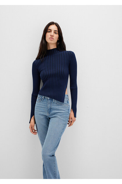 Navy Blue Sweater with Slit Detail Fitted / Bodycon Cut 1710789-70497