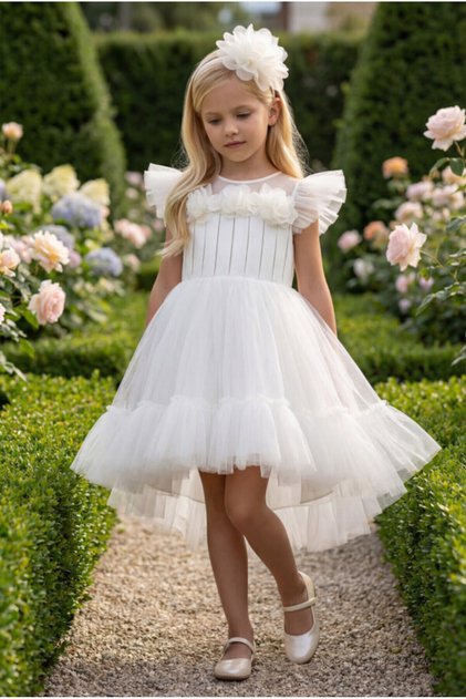 Floral Detailed Evening Dress with Hair Accessory Girls' Celebration Dress - 3-4-5-6-7 Years 35194Pr
