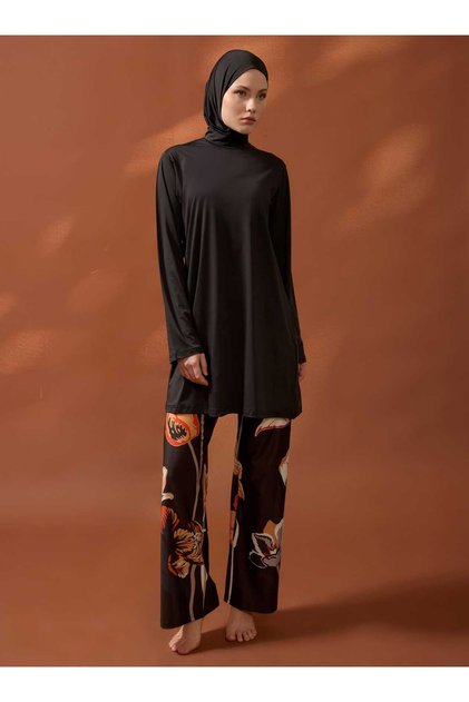 Lycra Top & Pants Full Covered Hijab Swimsuit - Black Background with Orange Floral Pattern -