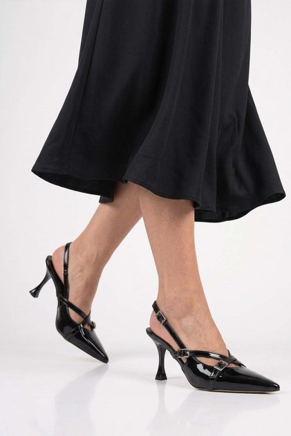 Victoria Black Patent Leather Cross Buckle Detail Women's Heeled Shoes