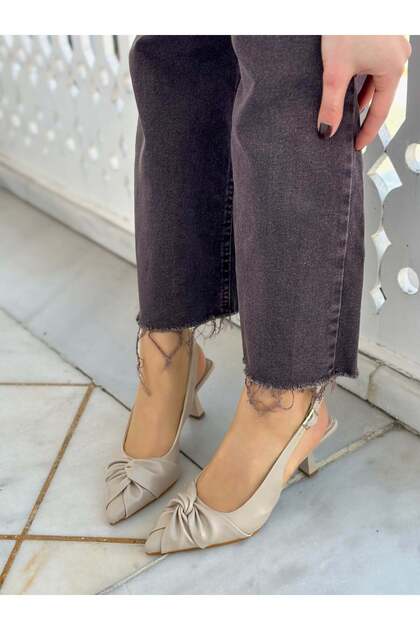 Beige Wrinkled Leather (Bow) Bow Detail Women's Stiletto